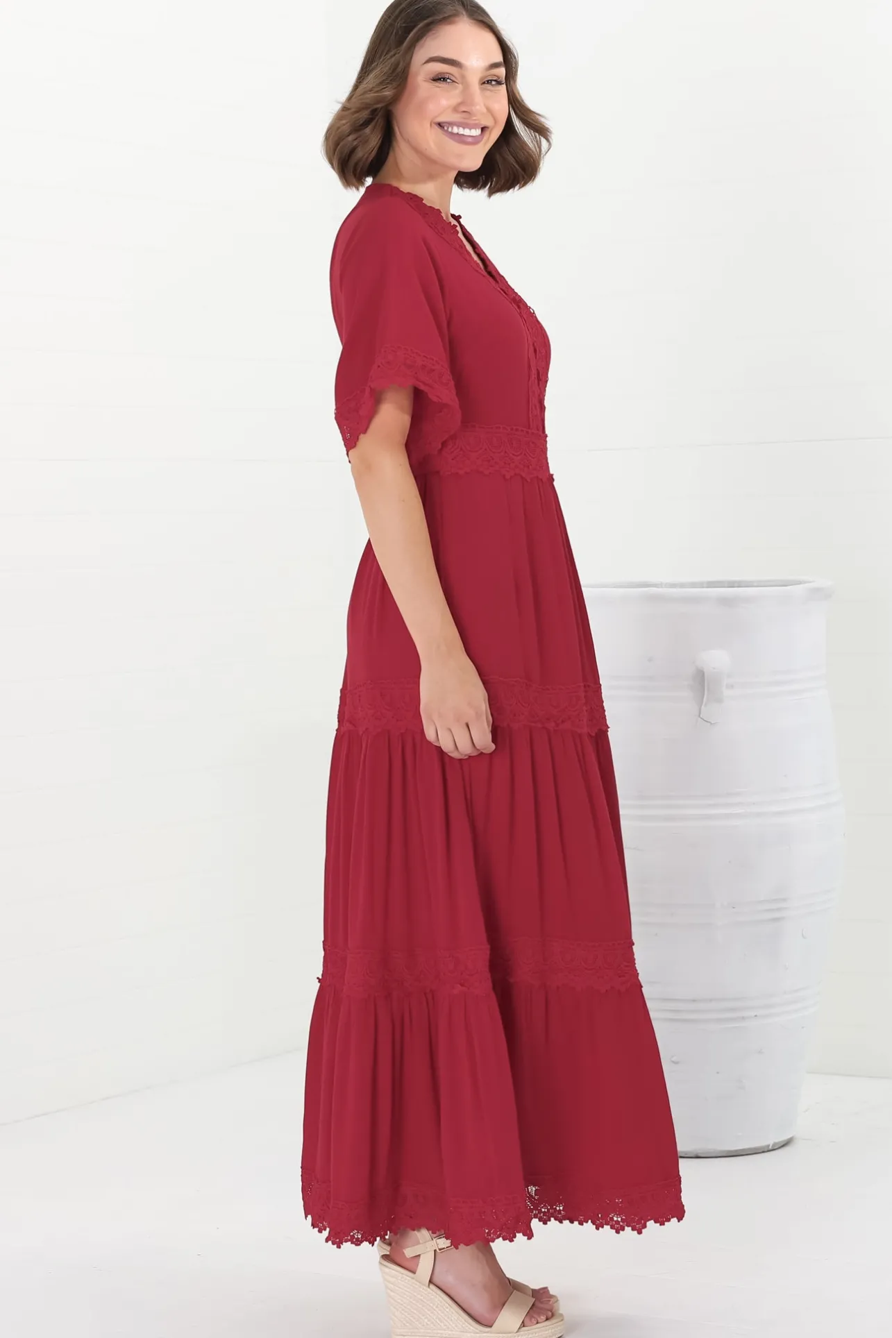 Peony Maxi Dress - Lace Detailed A Line Dress with Flute Sleeves in Red>Salty Crush New