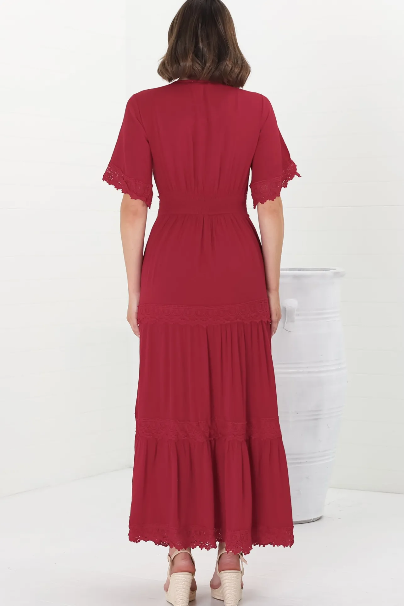 Peony Maxi Dress - Lace Detailed A Line Dress with Flute Sleeves in Red>Salty Crush New