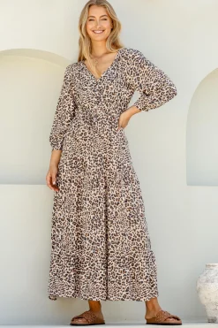 Perrie Maxi Dress - V Neck 3/4 Sleeve Dress with Pull Tie Waist in Leopard Print>Salty Crush Best