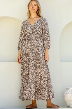 Perrie Maxi Dress - V Neck 3/4 Sleeve Dress with Pull Tie Waist in Leopard Print><noscript><img width=