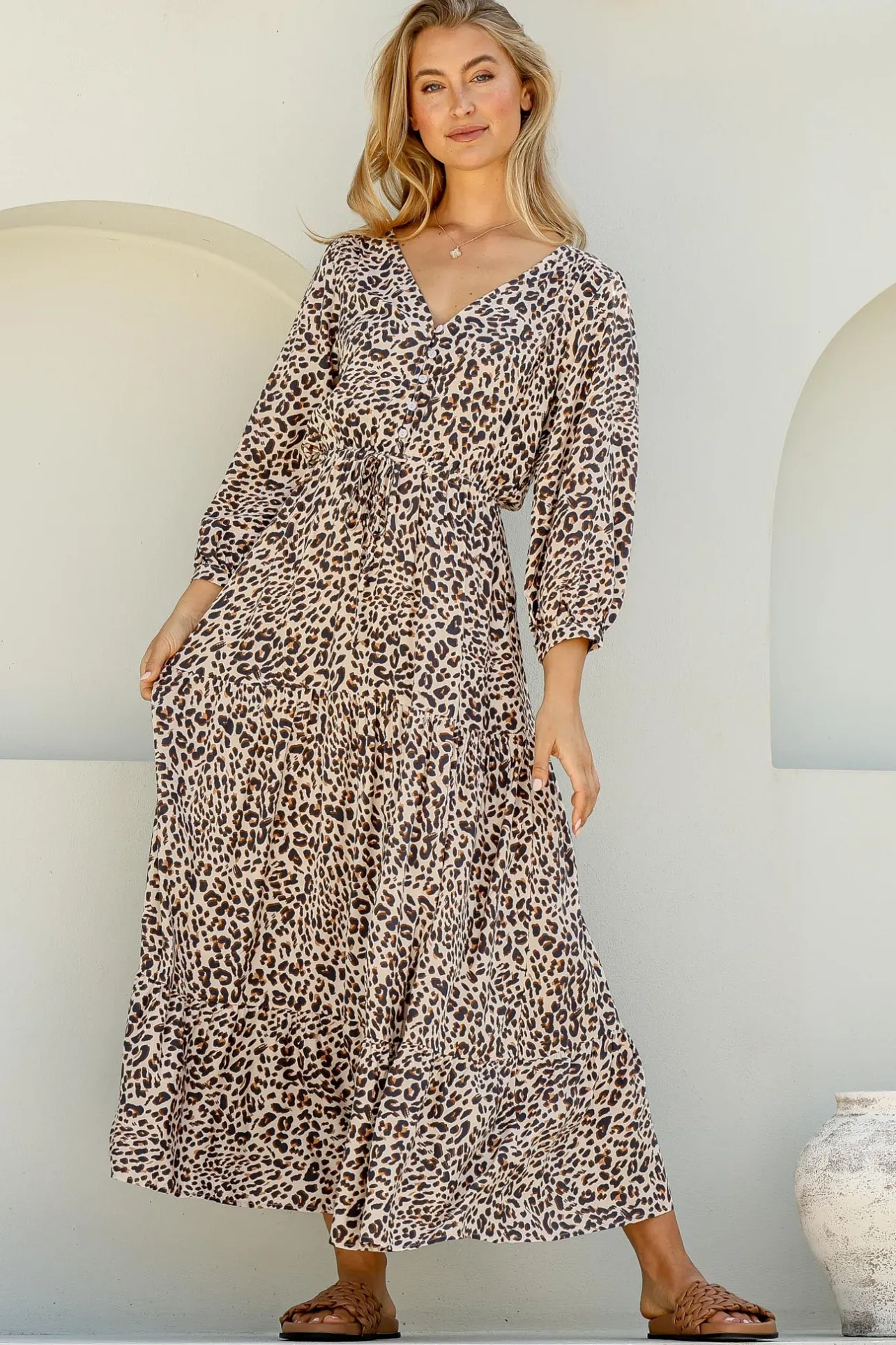 Perrie Maxi Dress - V Neck 3/4 Sleeve Dress with Pull Tie Waist in Leopard Print>Salty Crush Best