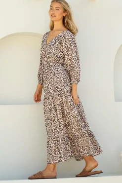 Perrie Maxi Dress - V Neck 3/4 Sleeve Dress with Pull Tie Waist in Leopard Print><noscript><img width=
