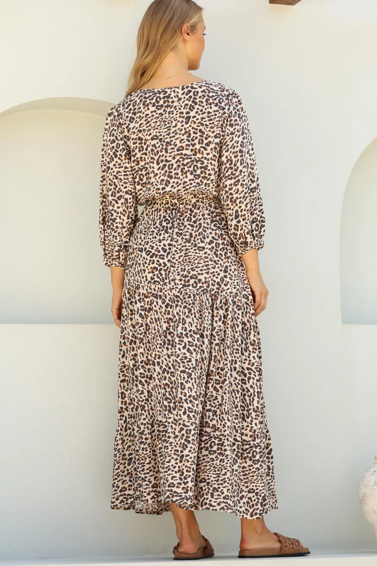 Perrie Maxi Dress - V Neck 3/4 Sleeve Dress with Pull Tie Waist in Leopard Print>Salty Crush Best