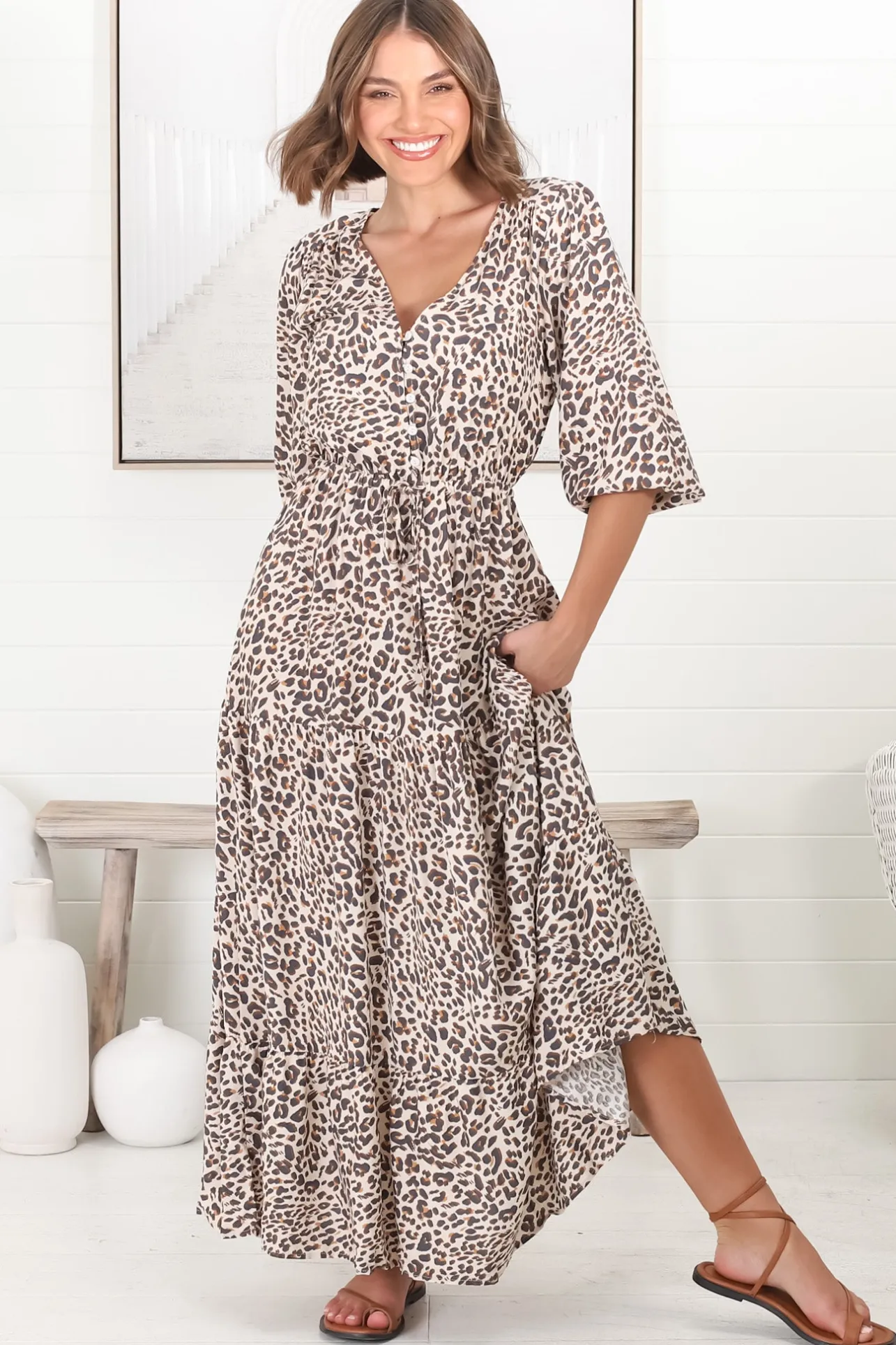 Perrie Maxi Dress - V Neck 3/4 Sleeve Dress with Pull Tie Waist in Leopard Print>Salty Crush Best