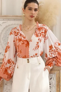 Perrio Blouse - Frill Collar Button Down Balloon Sleeve Shirt in Eryn Print>Salty Crush Discount