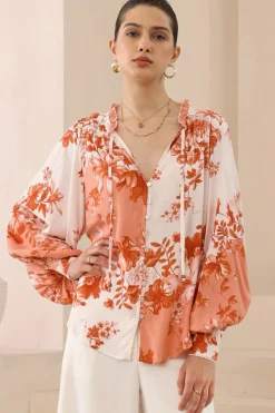 Perrio Blouse - Frill Collar Button Down Balloon Sleeve Shirt in Eryn Print><noscript><img width=
