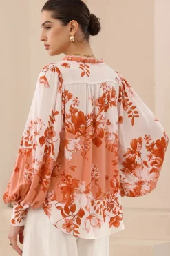 Perrio Blouse - Frill Collar Button Down Balloon Sleeve Shirt in Eryn Print><noscript><img width=