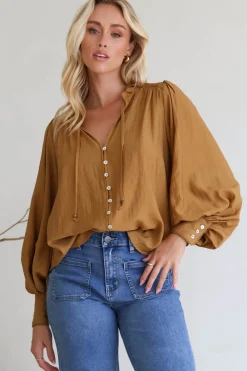 Perrio Blouse - Frill Collar Button Down Balloon Sleeve Shirt in Tan>Salty Crush Outlet
