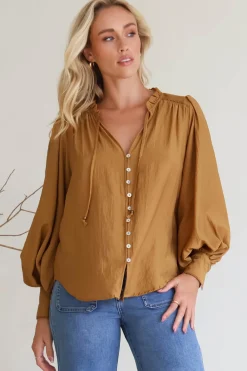 Perrio Blouse - Frill Collar Button Down Balloon Sleeve Shirt in Tan>Salty Crush Outlet