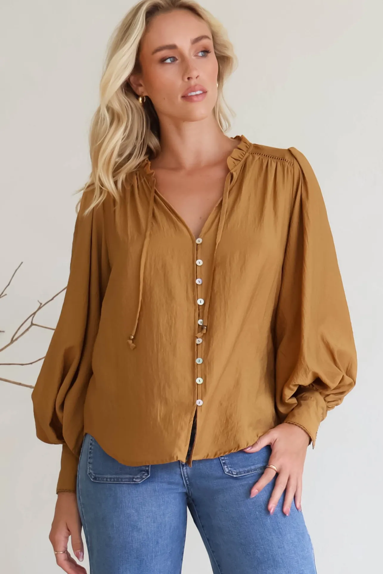 Perrio Blouse - Frill Collar Button Down Balloon Sleeve Shirt in Tan>Salty Crush Outlet