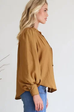 Perrio Blouse - Frill Collar Button Down Balloon Sleeve Shirt in Tan><noscript><img width=