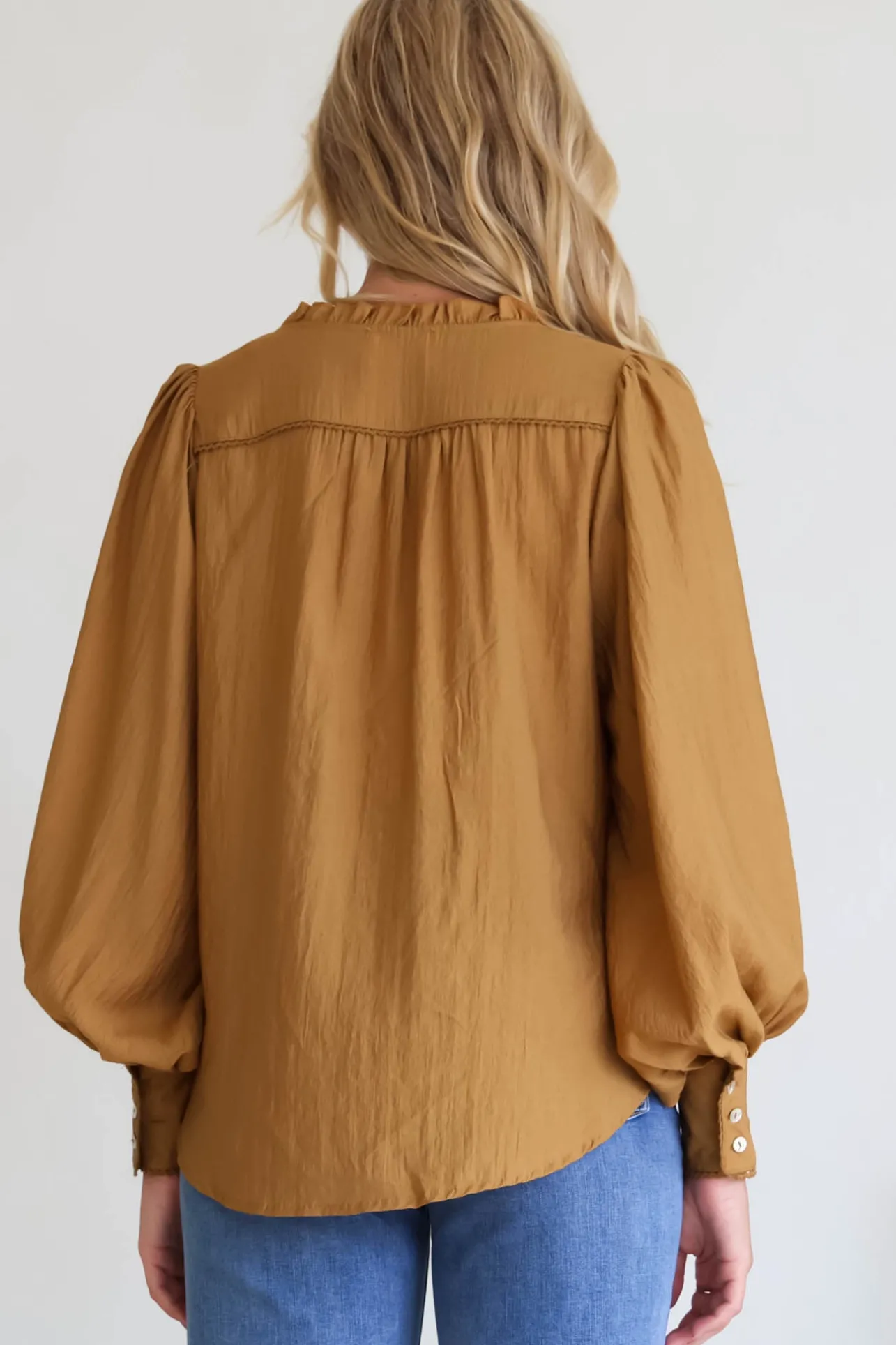 Perrio Blouse - Frill Collar Button Down Balloon Sleeve Shirt in Tan>Salty Crush Outlet