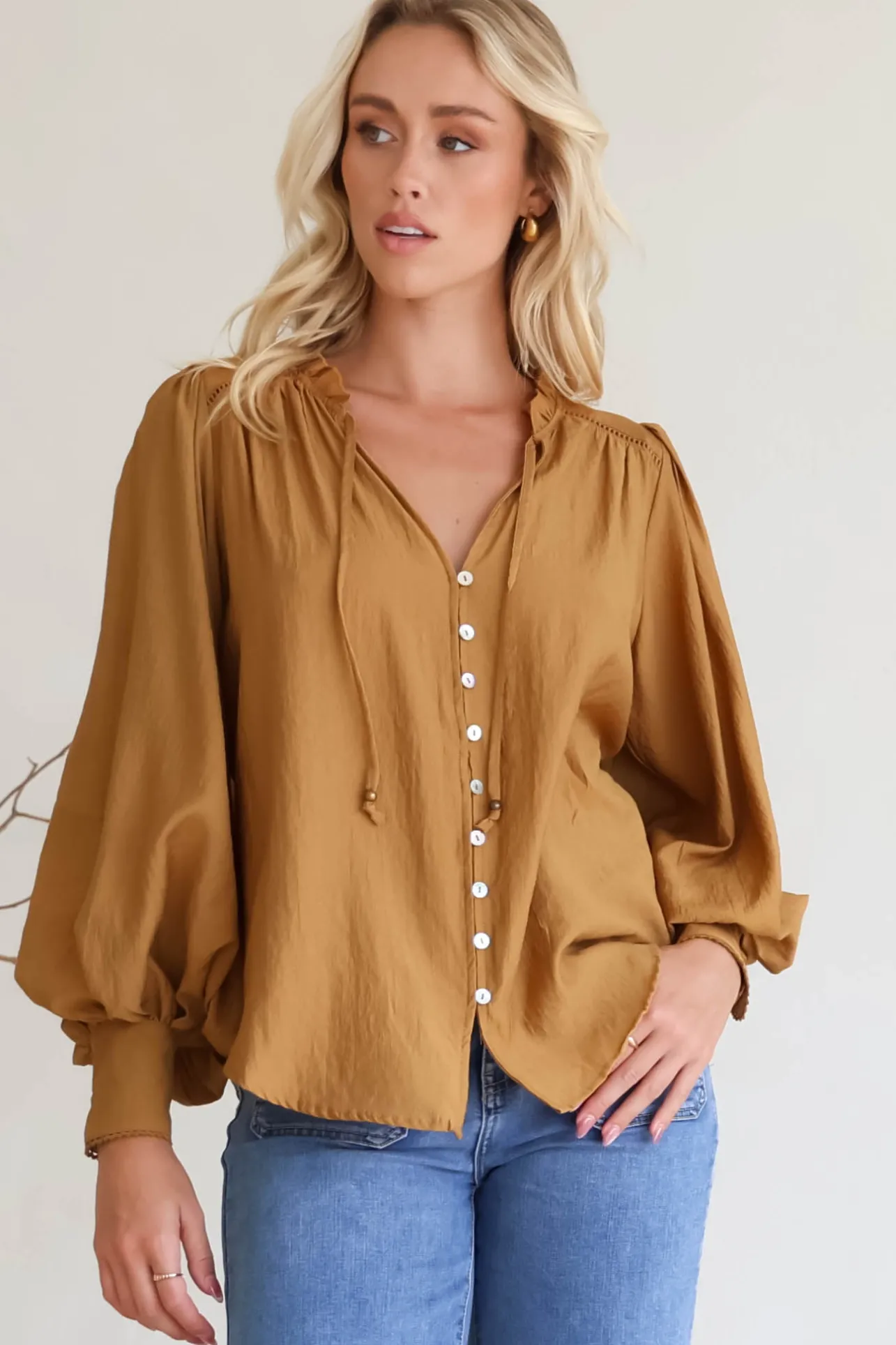 Perrio Blouse - Frill Collar Button Down Balloon Sleeve Shirt in Tan>Salty Crush Outlet