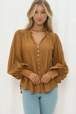 Perrio Blouse - Frill Collar Button Down Balloon Sleeve Shirt in Tan><noscript><img width=
