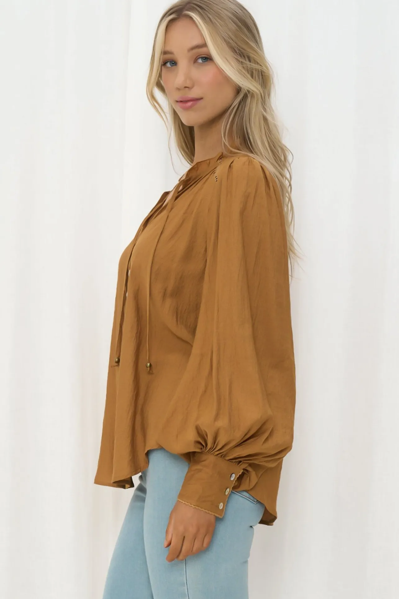 Perrio Blouse - Frill Collar Button Down Balloon Sleeve Shirt in Tan>Salty Crush Outlet