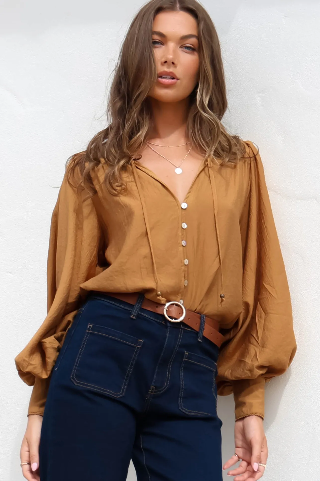 Perrio Blouse - Frill Collar Button Down Balloon Sleeve Shirt in Tan>Salty Crush Outlet