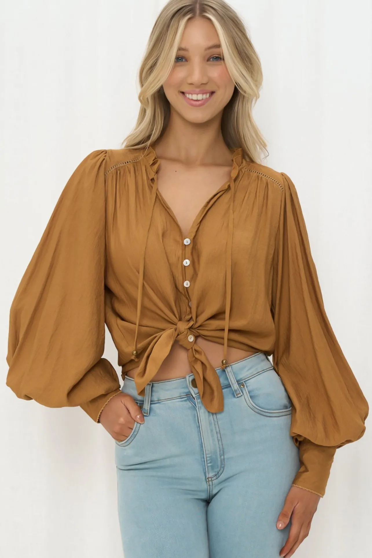 Perrio Blouse - Frill Collar Button Down Balloon Sleeve Shirt in Tan>Salty Crush Outlet