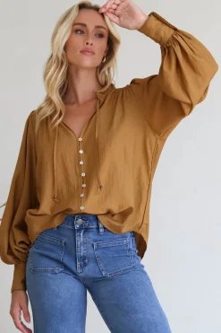 Perrio Blouse - Frill Collar Button Down Balloon Sleeve Shirt in Tan><noscript><img width=