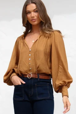 Perrio Blouse - Frill Collar Button Down Balloon Sleeve Shirt in Tan><noscript><img width=