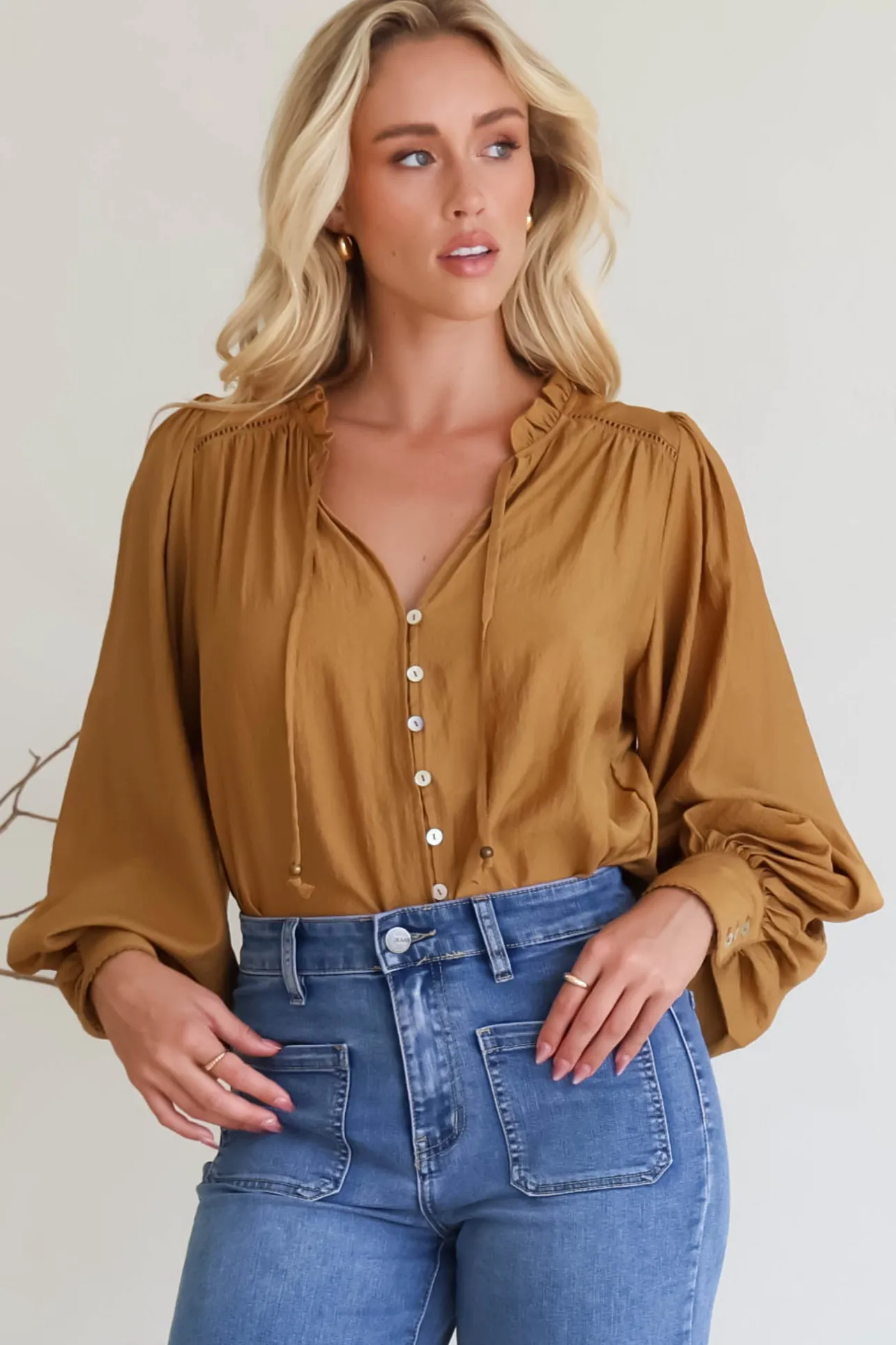Perrio Blouse - Frill Collar Button Down Balloon Sleeve Shirt in Tan>Salty Crush Outlet