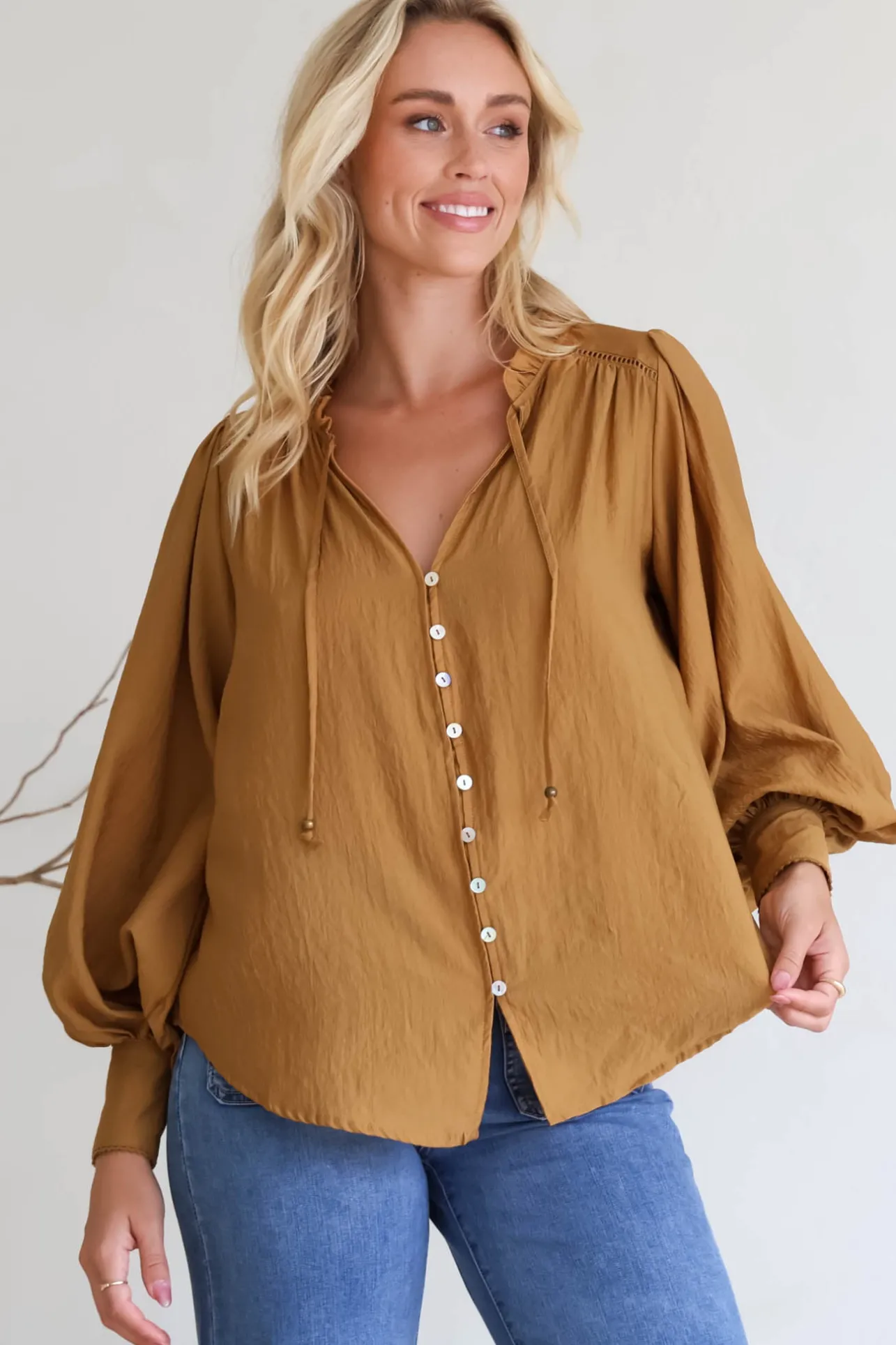 Perrio Blouse - Frill Collar Button Down Balloon Sleeve Shirt in Tan>Salty Crush Outlet
