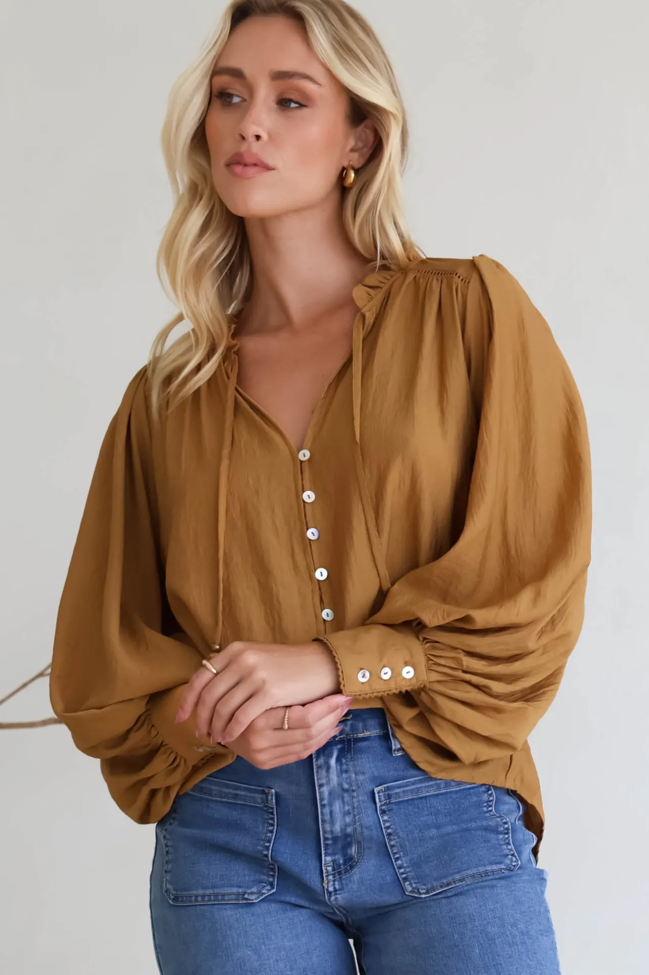 Perrio Blouse - Frill Collar Button Down Balloon Sleeve Shirt in Tan>Salty Crush Outlet