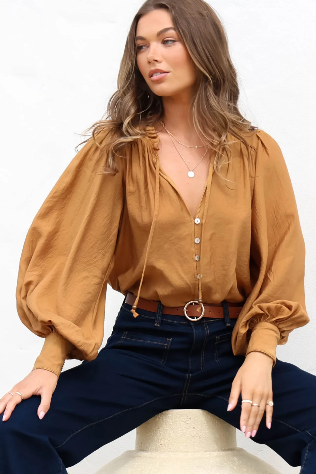 Perrio Blouse - Frill Collar Button Down Balloon Sleeve Shirt in Tan>Salty Crush Outlet