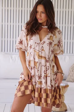 Petal Mini Dress - Tiered Smock Dress in Tuscan Sands Print><noscript><img width=