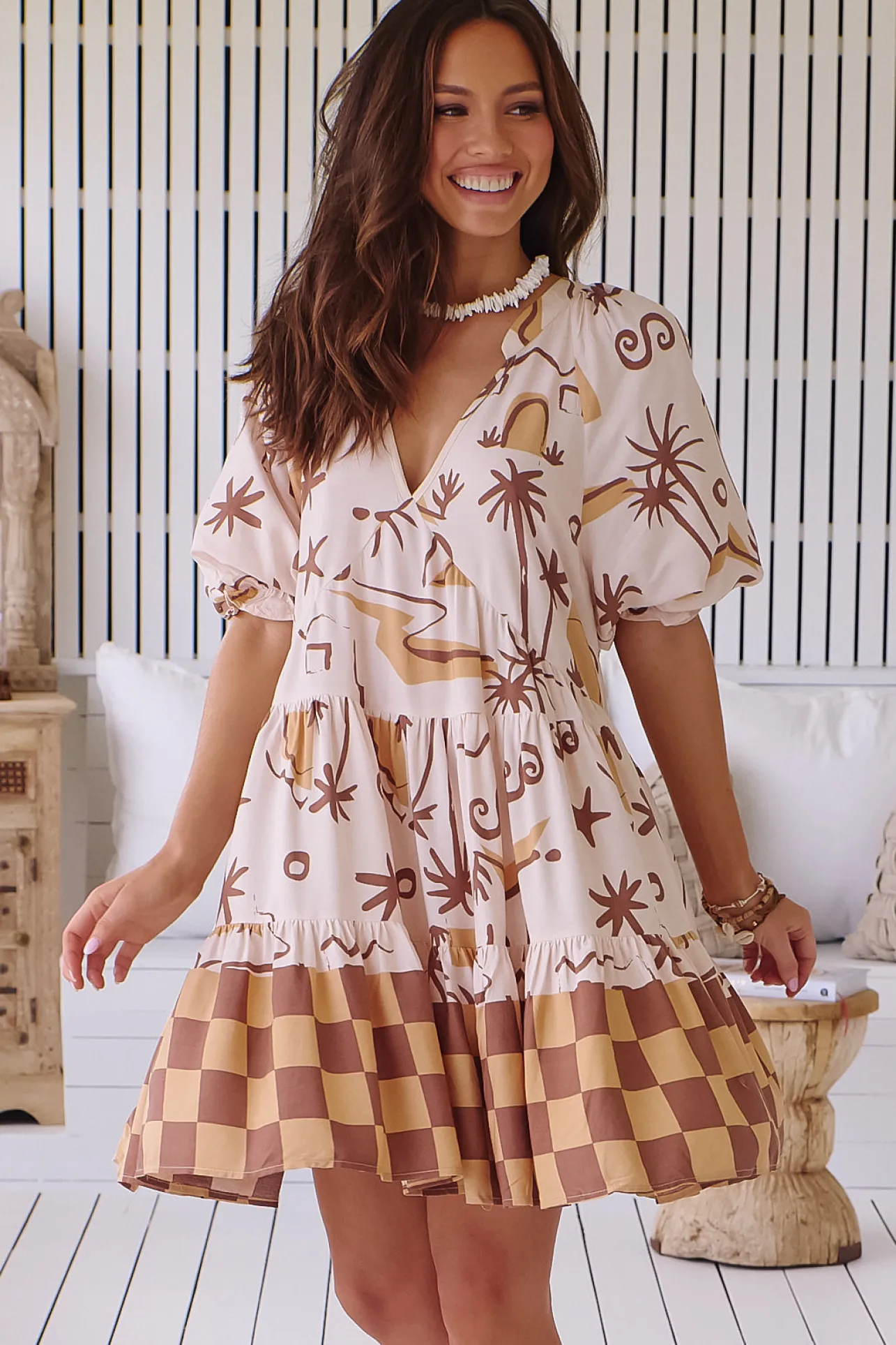 Petal Mini Dress - Tiered Smock Dress in Tuscan Sands Print>Jaase