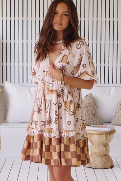 Petal Mini Dress - Tiered Smock Dress in Tuscan Sands Print><noscript><img width=