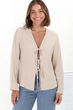 Peyton Top - Linen Tie Down Front Long Sleeve Lined Top in Beige>Salty Crush Sale
