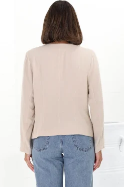 Peyton Top - Linen Tie Down Front Long Sleeve Lined Top in Beige><noscript><img width=