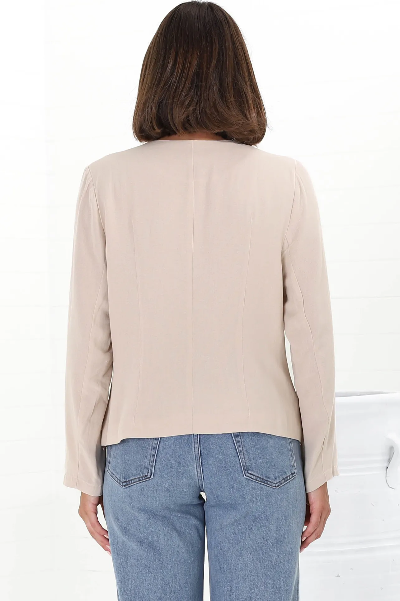 Peyton Top - Linen Tie Down Front Long Sleeve Lined Top in Beige>Salty Crush Sale