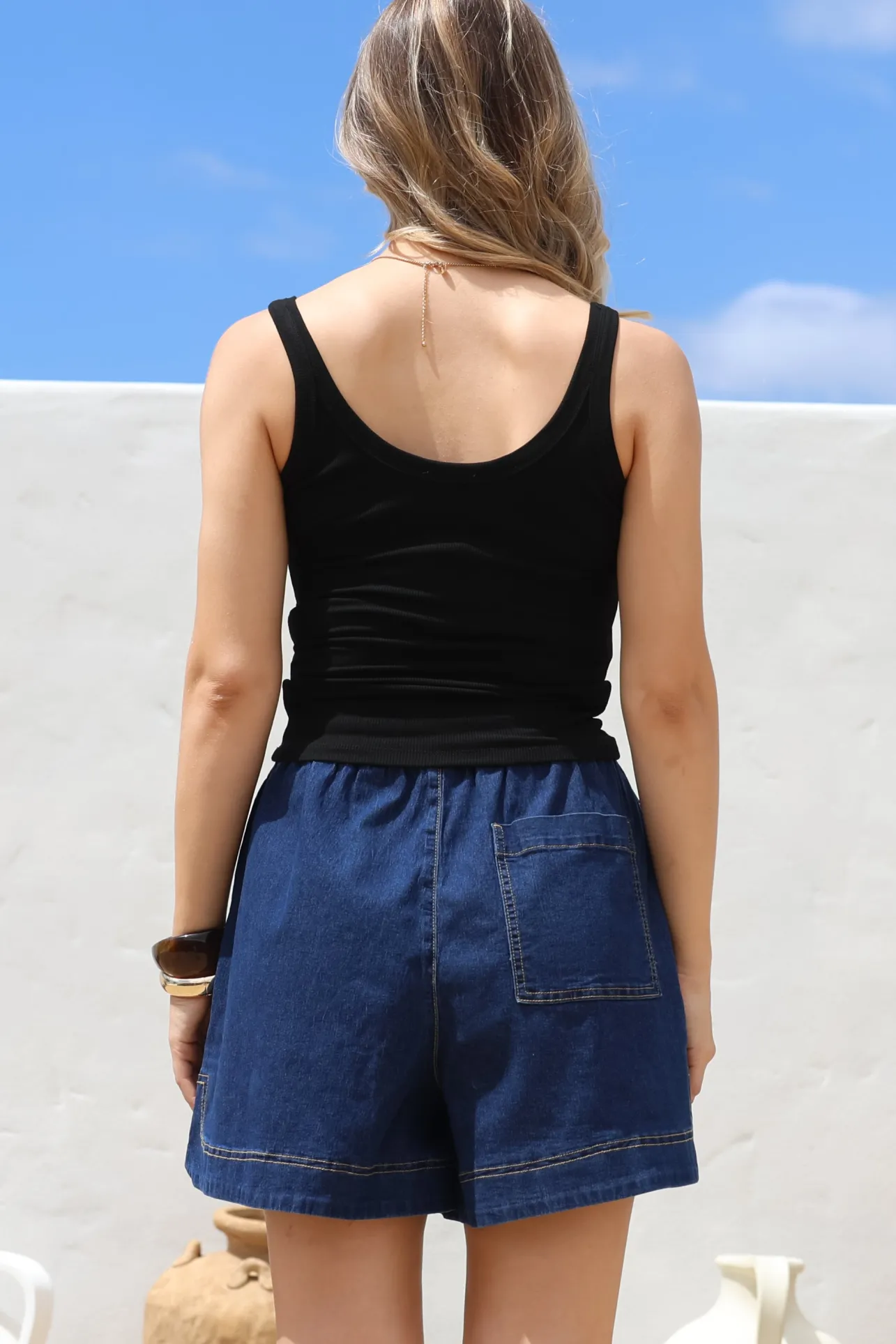 Phaedra Singlet Top - Ribbed Scoop Neck Singlet in Black>Salty Crush New