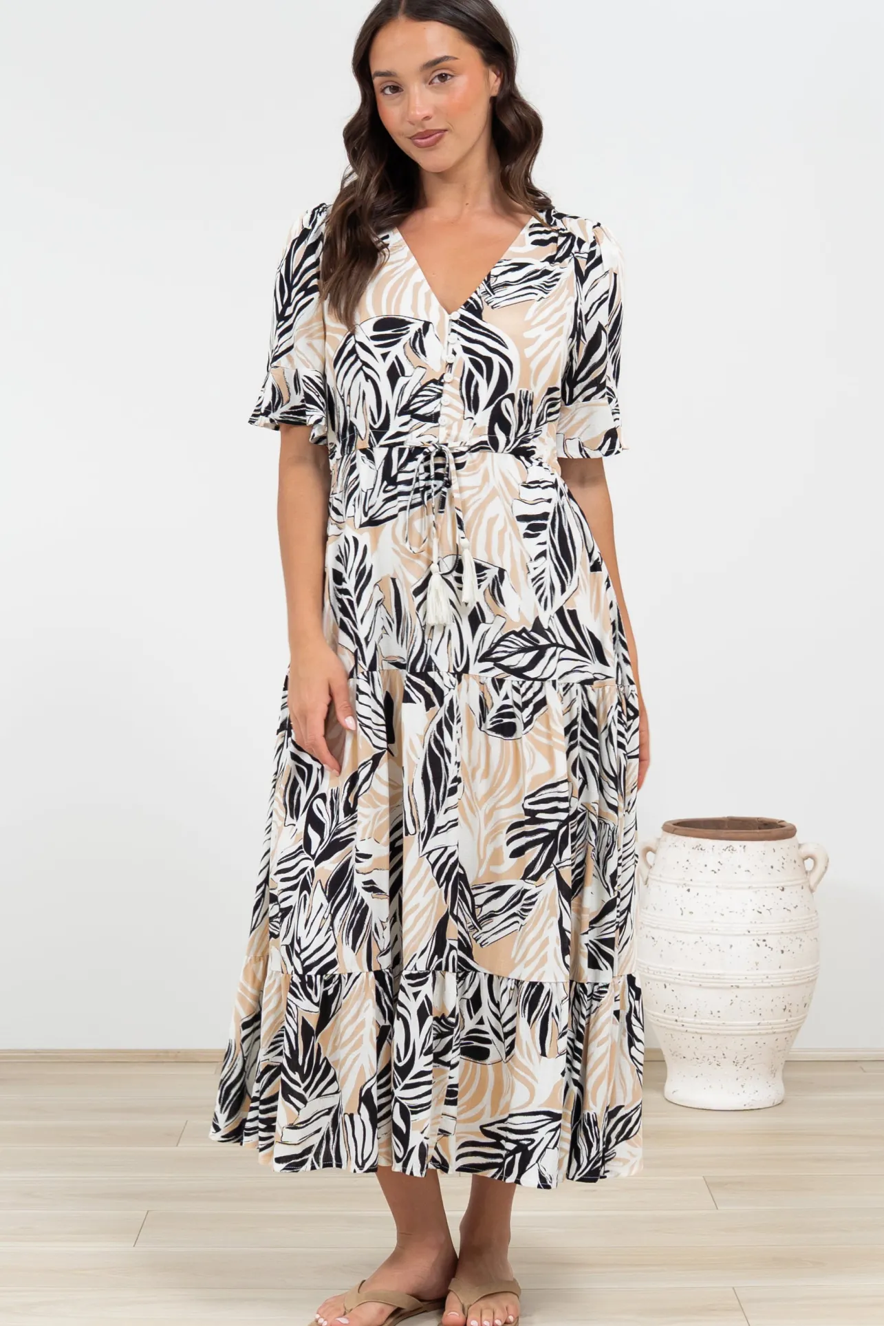 Phinny Maxi Dress - V-Neck Tiered Dress with Pull Tie Waist in Chicago Print>Salty Crush Outlet