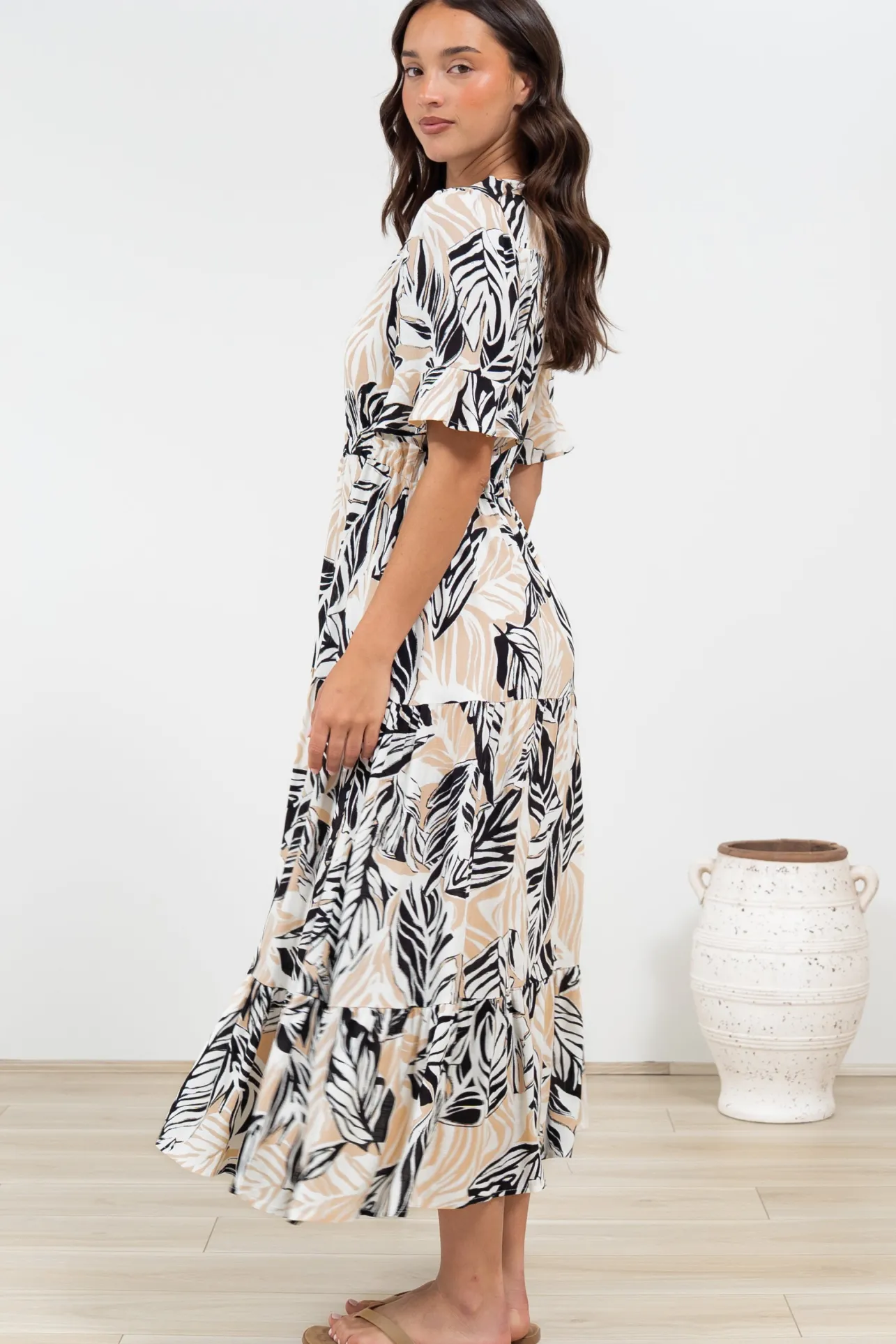 Phinny Maxi Dress - V-Neck Tiered Dress with Pull Tie Waist in Chicago Print>Salty Crush Outlet