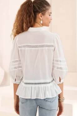 Piera Blouse - Delicate Lace Detailed Buttoned Top with Balloon Sleeves in White><noscript><img width=