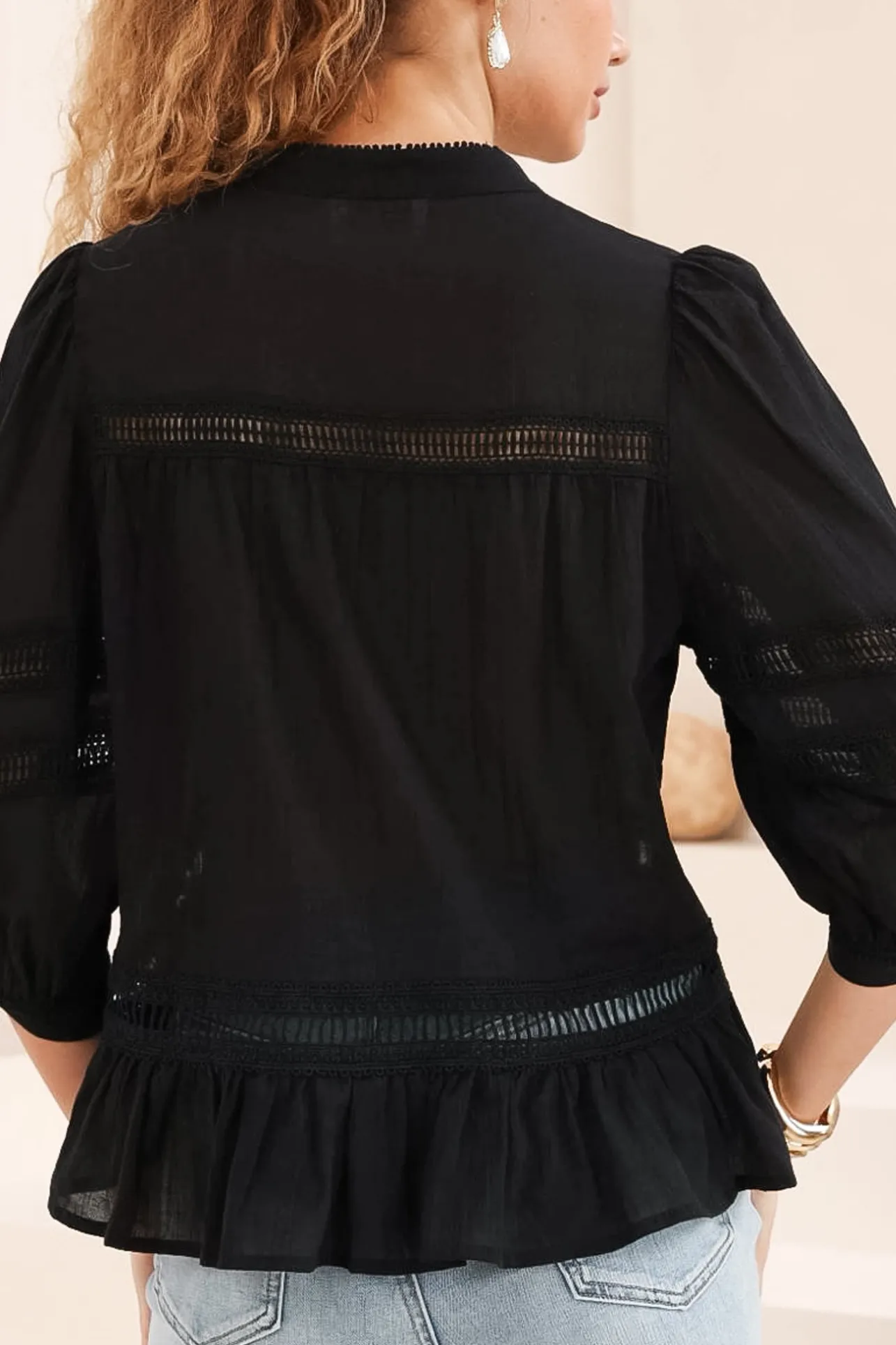 Piera Blouse - Delicate Lace Detailed Buttoned Top with Balloon Sleeves in Black>Salty Crush Outlet