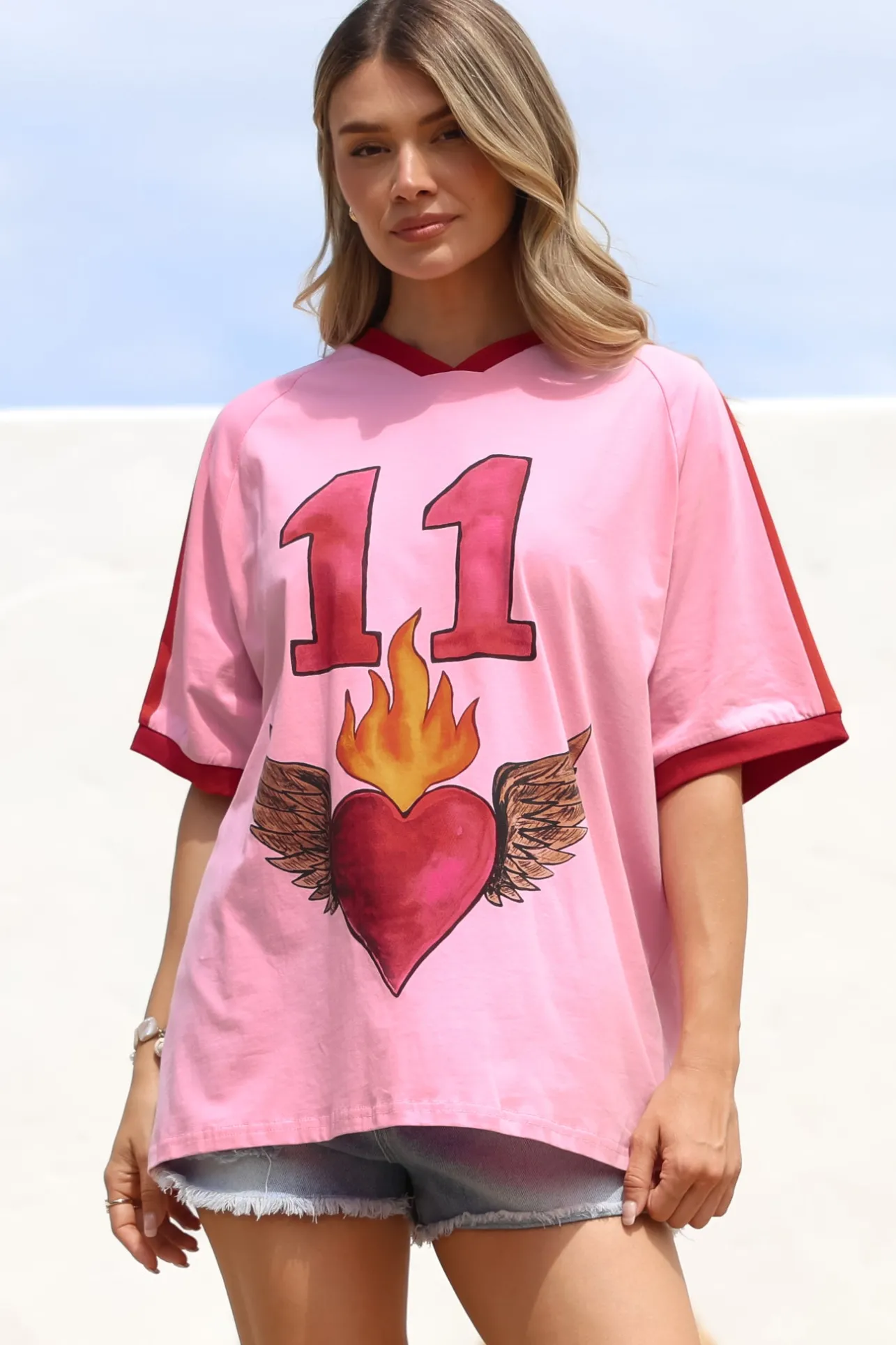Pink 11 Tee - Graphic Print Short Sleeve T-Shirt with Racer Stripe Sleeves in Pink>Salty Crush Best