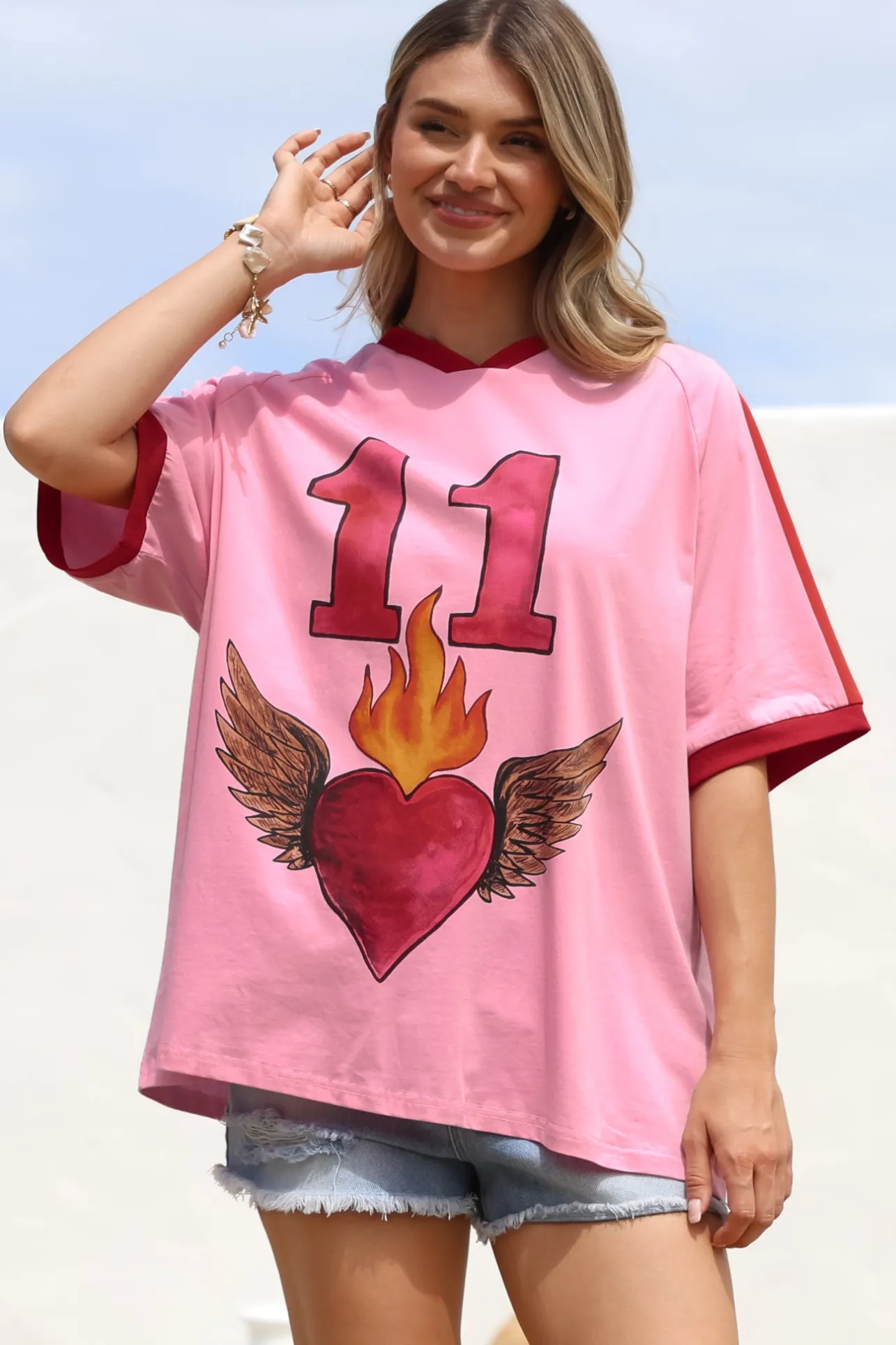 Pink 11 Tee - Graphic Print Short Sleeve T-Shirt with Racer Stripe Sleeves in Pink>Salty Crush Best