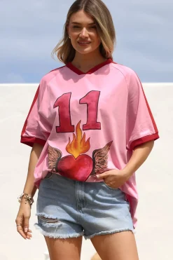 Pink 11 Tee - Graphic Print Short Sleeve T-Shirt with Racer Stripe Sleeves in Pink><noscript><img width=