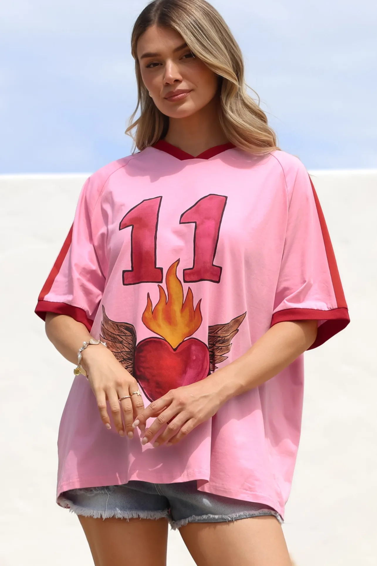 Pink 11 Tee - Graphic Print Short Sleeve T-Shirt with Racer Stripe Sleeves in Pink>Salty Crush Best