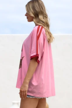 Pink 11 Tee - Graphic Print Short Sleeve T-Shirt with Racer Stripe Sleeves in Pink><noscript><img width=