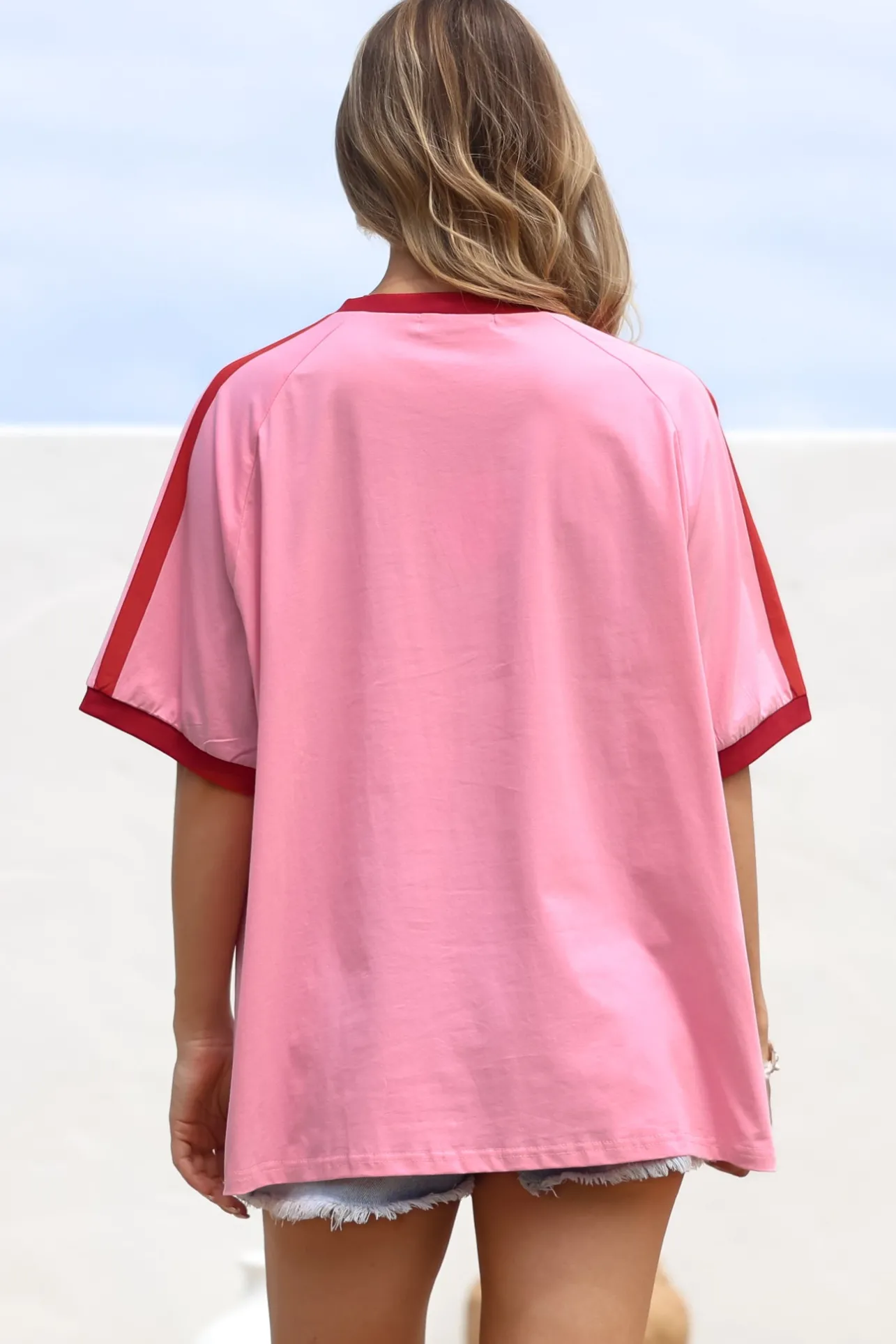 Pink 11 Tee - Graphic Print Short Sleeve T-Shirt with Racer Stripe Sleeves in Pink>Salty Crush Best