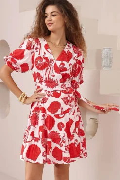 Pippa Mini Dress - V-Neck Wrap Dress with Short Balloon Sleeves in Alexa Print>Salty Crush Clearance