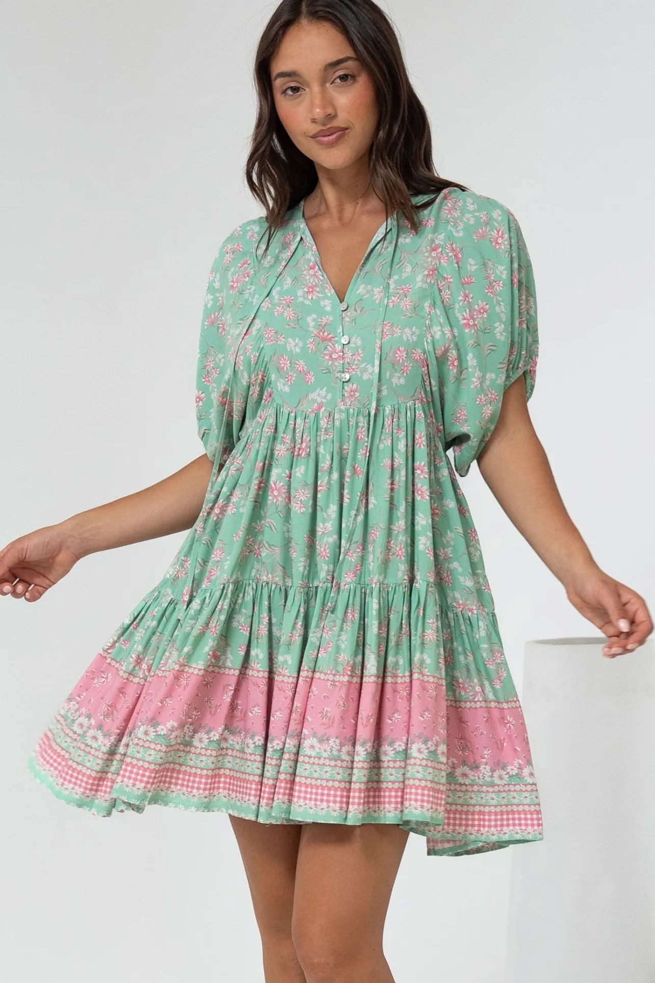 Pomeline Mini Dress - Round Neckline with Tie Babydoll Dress in Roxia Print>Salty Crush Clearance