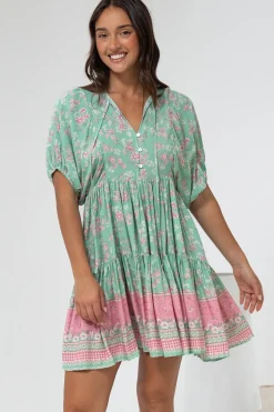 Pomeline Mini Dress - Round Neckline with Tie Babydoll Dress in Roxia Print><noscript><img width=