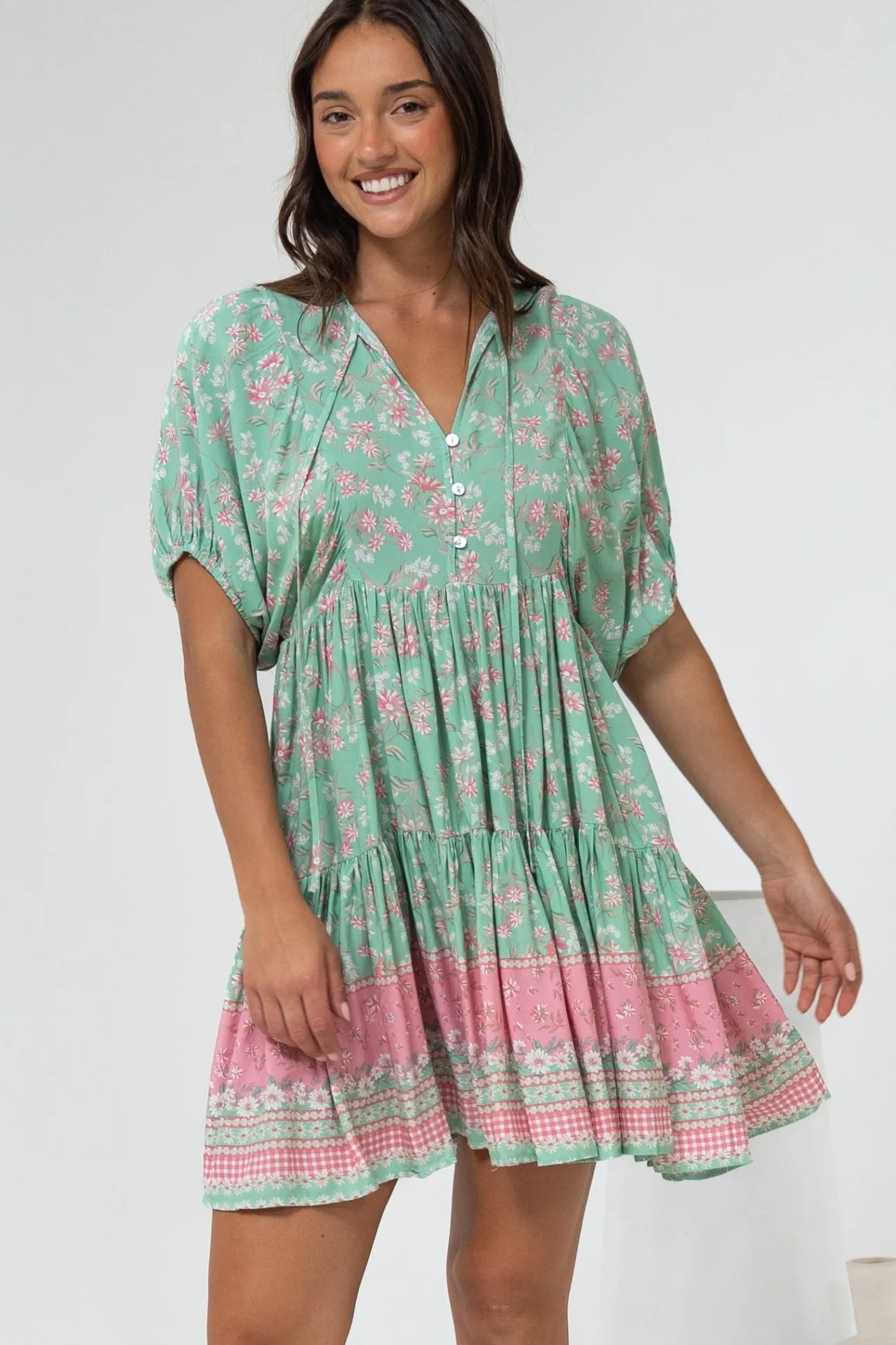 Pomeline Mini Dress - Round Neckline with Tie Babydoll Dress in Roxia Print>Salty Crush Clearance