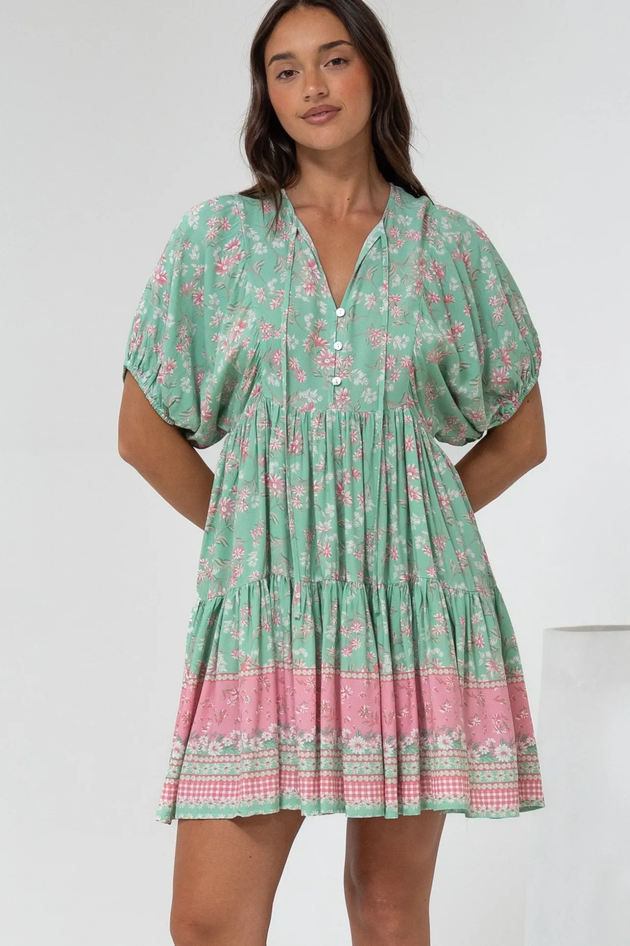 Pomeline Mini Dress - Round Neckline with Tie Babydoll Dress in Roxia Print>Salty Crush Clearance