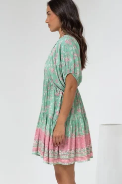 Pomeline Mini Dress - Round Neckline with Tie Babydoll Dress in Roxia Print><noscript><img width=